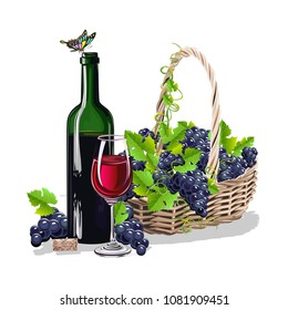 A bottle of wine and a basket of grapes. A realistic still life. Vector illustration.