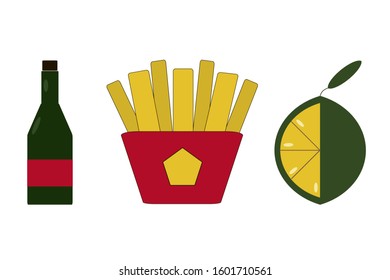Bottle of wine or beer, Chips and Lemon