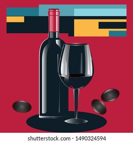 Bottle of wine and a black glass, olives - abstract background with geometric shapes - vector.