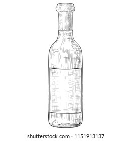 Bottle of wine with blank label. Hand drawn sketch. Vector illustration isolated on white backgorund