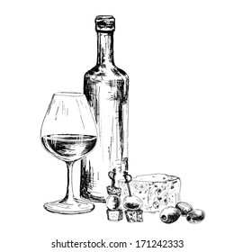 Bottle of wine and blue cheese. Hand drawn illustration