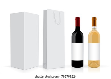 una botella de vino con una caja y un paquete Mock Up Vector Template