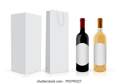 a bottle of wine with a box and a package Mock Up Vector Template