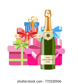 A bottle of wine and boxes with gifts. Isolated elements. Festive illustration. Vector
