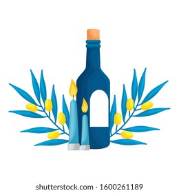 bottle of wine with branches and candles isolated icon vector illustration design