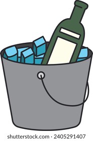 Bottle of wine in bucket with ice. Flat style vector illustration.