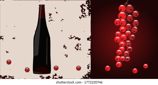 Bottle of wine, bunch of currant - abstract grunge background - vector. Holidays. Gift idea. banner