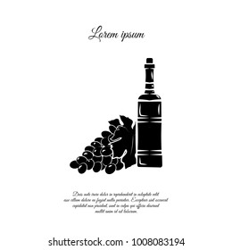 A bottle of wine and a bunch of grapes. Wine and grapes logo