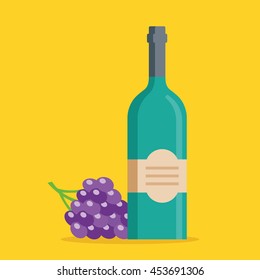 Bottle of wine and bunch of grapes set. Modern graphics design elements for websites, web banners, printed materials. Flat design vector illustration