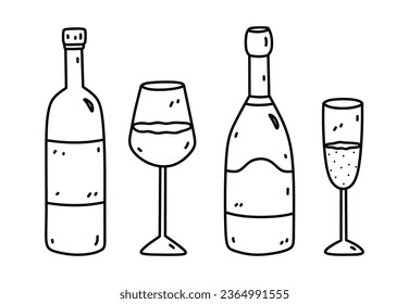 Bottle of wine, champagne and wine glasses isolated on white background. Alcoholic beverages. Vector hand-drawn illustration in doodle style. Perfect for cards, menu, decorations, logo, various design