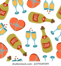 Bottle of wine or champagne, Two clinking glasses, Heart shaped candy box of chocolates for valentine's day vector seamless pattern. Celebration Cheers and toast texture