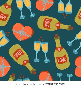 Bottle of wine or champagne, Two clinking glasses, Heart shaped candy box of chocolates for valentine's day vector seamless pattern. Celebration Cheers and toast texture