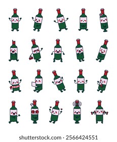 Bottle wine character set with cute kawaii cartoon emotions and elements, for creative illustrations and fun, positive, friendly, attractive, charming and funny design styles