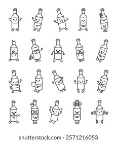 Bottle wine character set with cute kawaii cartoon emotions and elements, for creative illustrations and fun, positive, friendly, attractive, charming and funny design styles