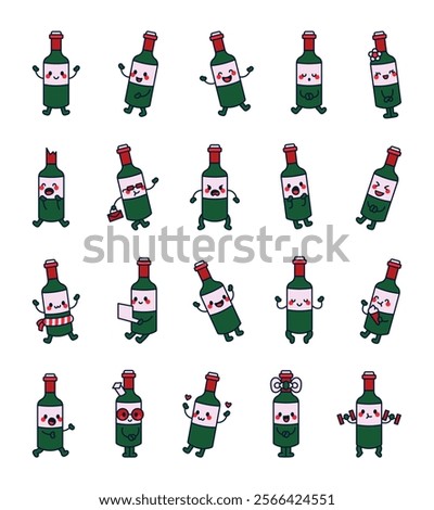 Bottle wine character set with cute kawaii cartoon emotions and elements, for creative illustrations and fun, positive, friendly, attractive, charming and funny design styles