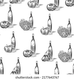 bottle of Wine, cider, drink vector seamless pattern isolated on white background. Concept for menu, cards, print, cafe