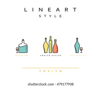 Bottle of wine, cognac, set vector icon style line art. Monogram emblem element design style linear. Design element
