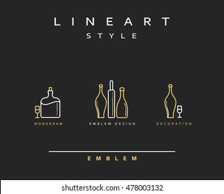 Bottle of wine , cognac , vector icon style line art. Monogram emblem element design style lineart.