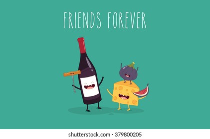 Bottle of wine, corkscrew, cheese, fig, friends forever. Vector illustration. Funny food. Use in the menu, in the shop, in the bar, the card or stickers.