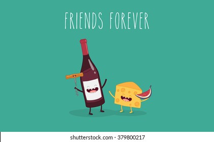 Bottle of wine, corkscrew, cheese, figs friends forever. Vector illustration. Funny food. Use for card, poster, banner, web design and print on t-shirt. Easy to edit.