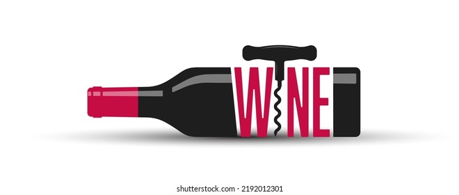 A bottle of wine and a corkscrew. A wine bottle illustration template for a wine list, logo, sticker, brand or label. Icon for websites and applications. Flat style