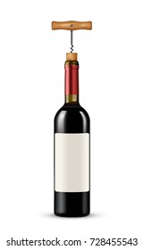 Bottle of wine with corkscrew on white background