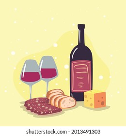 bottle of wine and cups of red wine with salami, cheese