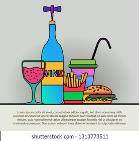 bottle of wine and fast food burgers Outline web icon