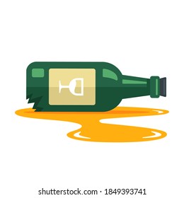 a bottle of wine fell and broke. puddle of alcohol from a bottle. flat vector illustration isolated on white background.