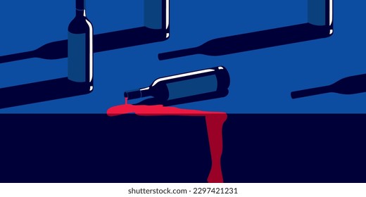 A bottle of wine fell and spilled on the table. Vector illustration in retro style.