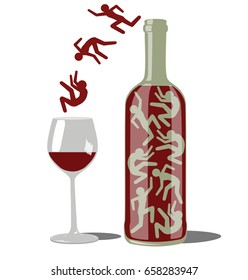 Bottle of wine with the figurines of people. Vector illustration.