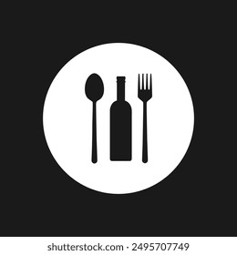Botella de vino, tenedor y cuchara icono logotipo. Restaurante café cocina lugar de la cena, símbolo del menú de la barra de vino.