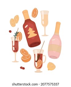 A bottle of wine. Fruit wine, red wine. Champagne. Glasses. Cocktails. Big set. Lemon, orange, red berries. Spices, cinnamon. Celebration, party, Christmas, New Year. Birthday.