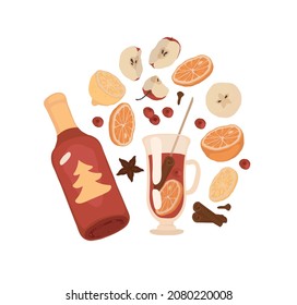 A bottle of wine. Fruit wine, red wine. Champagne. Glasses. Cocktails. Big set. Lemon, orange, red berries. Spices, cinnamon. Celebration, party, Christmas, New Year. Birthday.