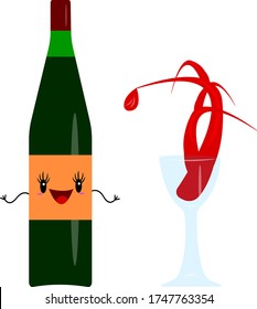 bottle of wine funny cartoon character next to which a transparent glass with a bewitching splash of red drink alcohol concept objects on a white background