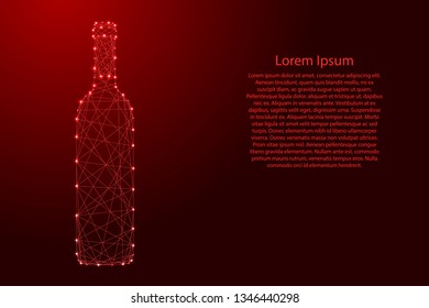 Bottle of wine from futuristic polygonal red lines and glowing stars for banner, poster, greeting card. Vector illustration.