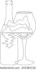 Bottle of wine. Glass for alcohol. Mountain southern sea landscape. Coast.Double exposure. Picture in picture.Continuous one line drawing. Lineart vector illustration.