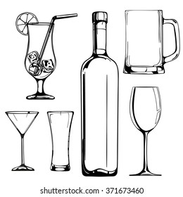 Bottle of wine, glass of wine, glass of beer, ice cube, glass of coctail. Vector