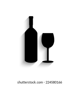 Bottle of wine and glass - black vector icon with shadow