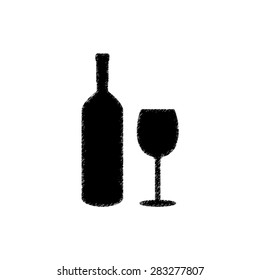 Bottle of wine and glass - black vector icon