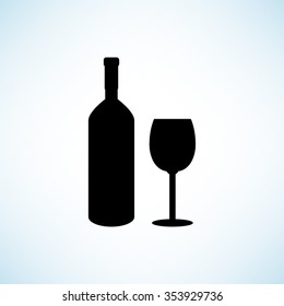 Bottle of wine and glass -  black vector icon