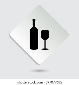 Bottle of wine and glass - black vector icon  on a paper button
