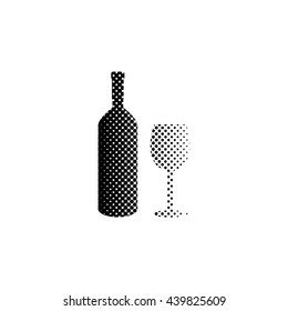 Bottle of wine and glass - black vector icon;  halftone illustration