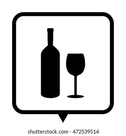 Bottle of wine and glass - black vector icon;  message bubble