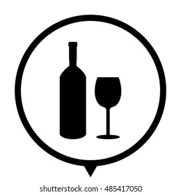 Bottle of wine and glass - black vector  icon; map pointer