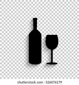 Bottle of wine and glass - black vector  icon with shadow