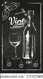 A bottle of wine with a glass chalk on a black background. Vector poster, banner.