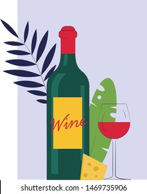 Bottle of wine with glass and cheese