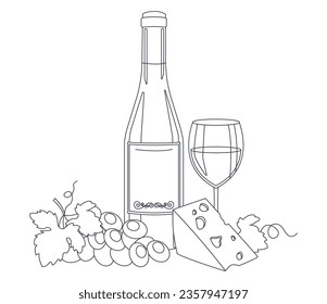 Bottle of wine, wine in a glass, cheese and grape. Lineart, outline only. Vector graphic.