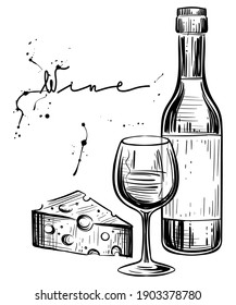 Frasco de vino con vidrio y queso, monocromo, vector